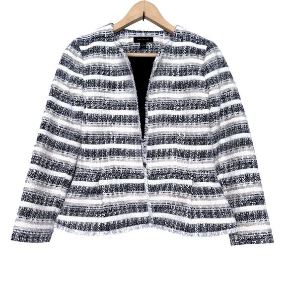 Ann Taylor Jackets & Blazers - Ann Taylor Fringe Peplum Jacket Blazer Womens 0 Blue Gray Stripe Tweed Polished